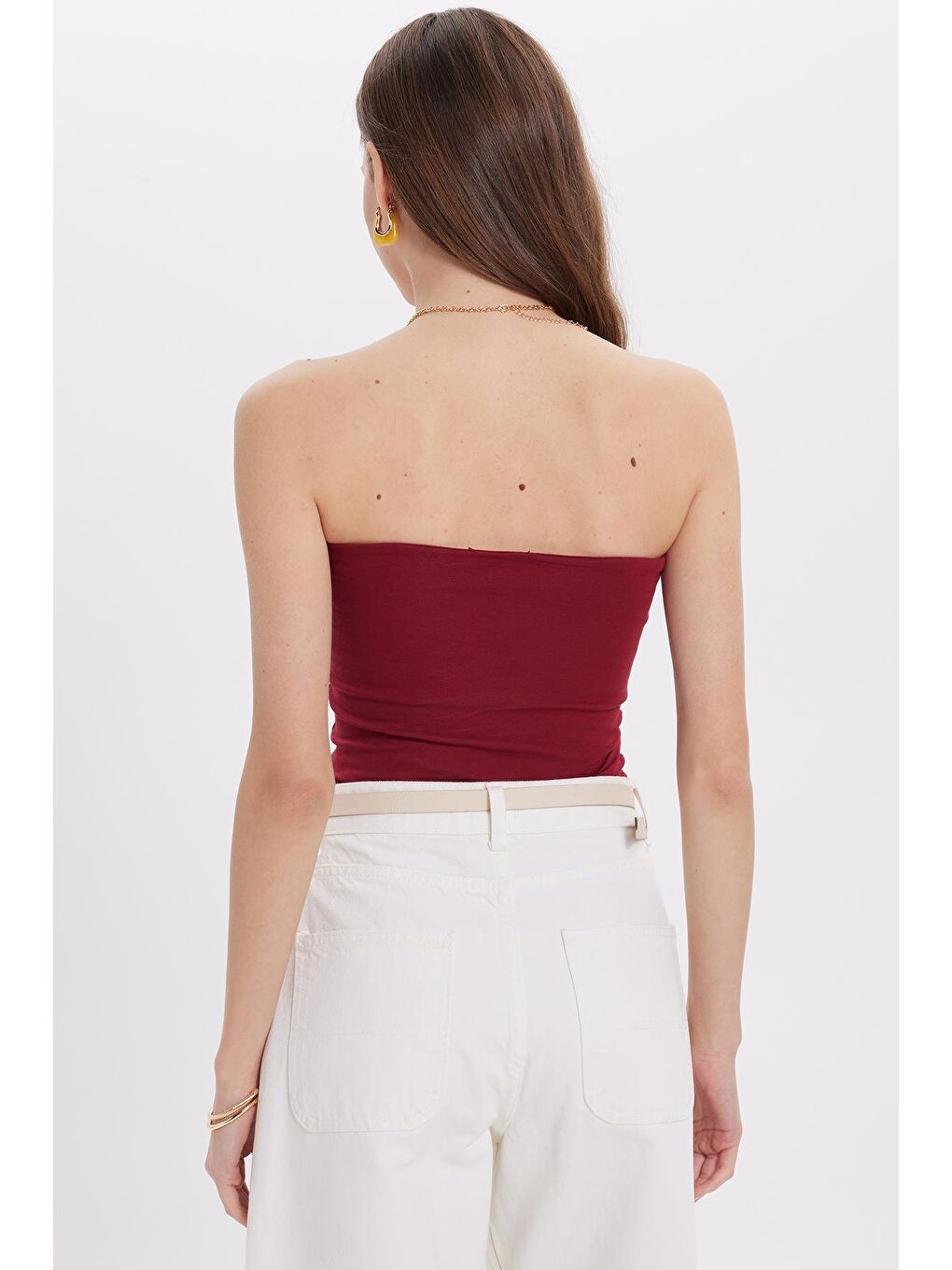 Kadın Slim Fit Dar Kesim Pamuklu Straplez Bordo  Bluz-5