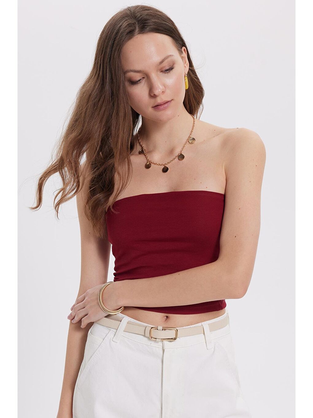 Kadın Slim Fit Dar Kesim Pamuklu Straplez Bordo  Bluz-6