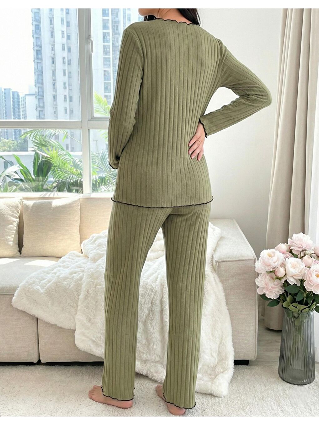 Haki Yumoş Dokulu Emzirmeye Uygun Ayarlanabilir Bel Destekli Hamile & Lohusa Pijama Takımı-1