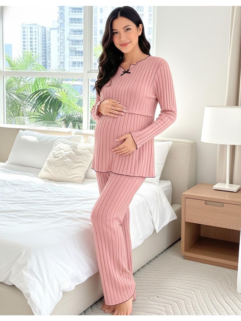 Pembe Gül Kurusu Yumoş Dokulu Emzirmeye Uygun Ayarlanabilir Bel Destekli Hamile & Lohusa Pijama Takımı-3