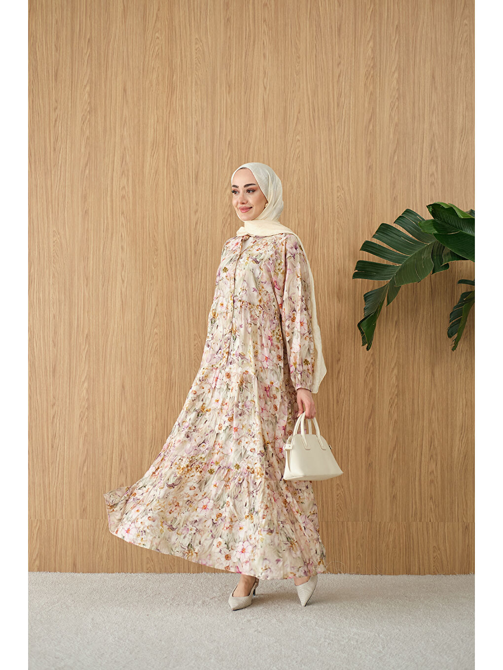 Kadın Soft Lale Desen Elbise Yeşil-4