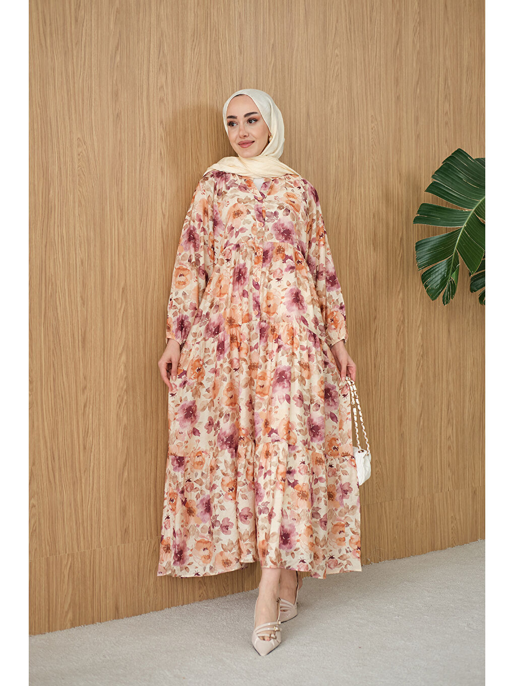 Kadın Soft Çiçek Desen Elbise Mürdüm-1