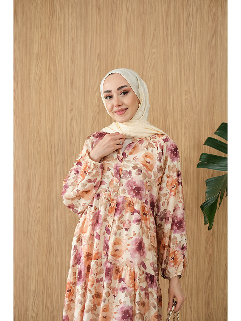 Kadın Soft Çiçek Desen Elbise Mürdüm-2