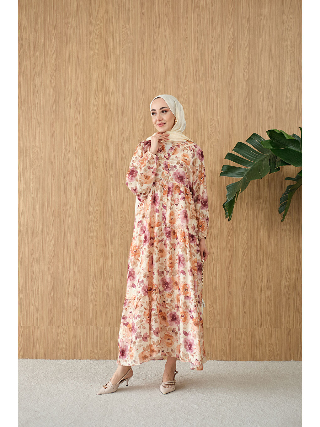 Kadın Soft Çiçek Desen Elbise Mürdüm-3