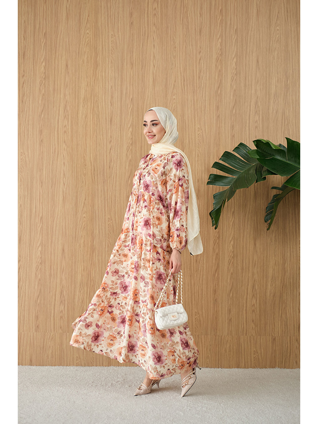 Kadın Soft Çiçek Desen Elbise Mürdüm-4