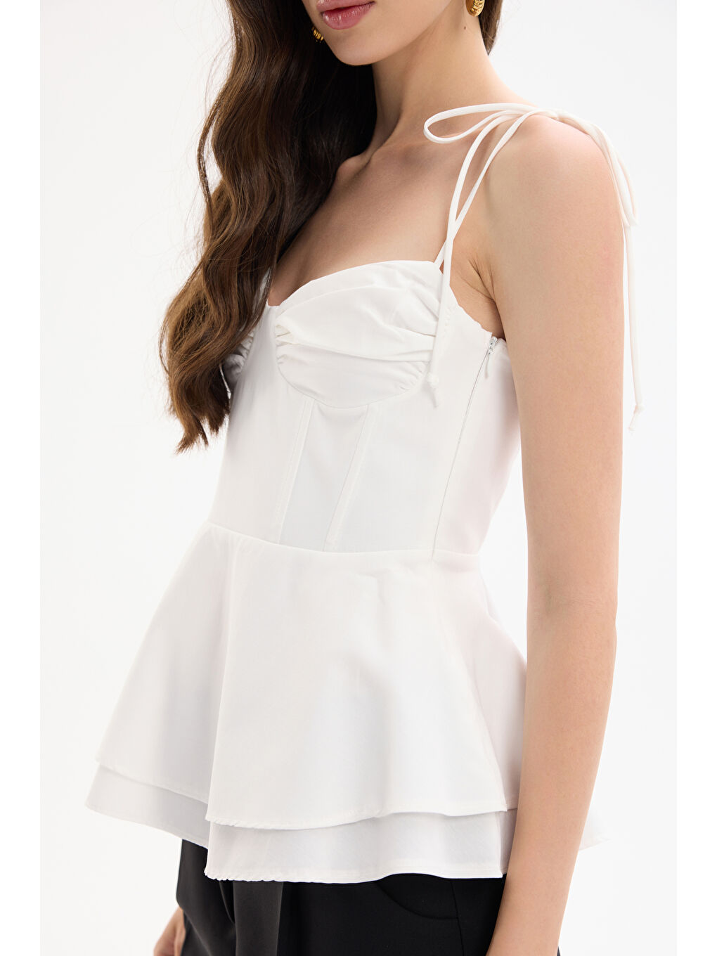 Balenli Bağlama İp Askılı Bluz Ekru-3