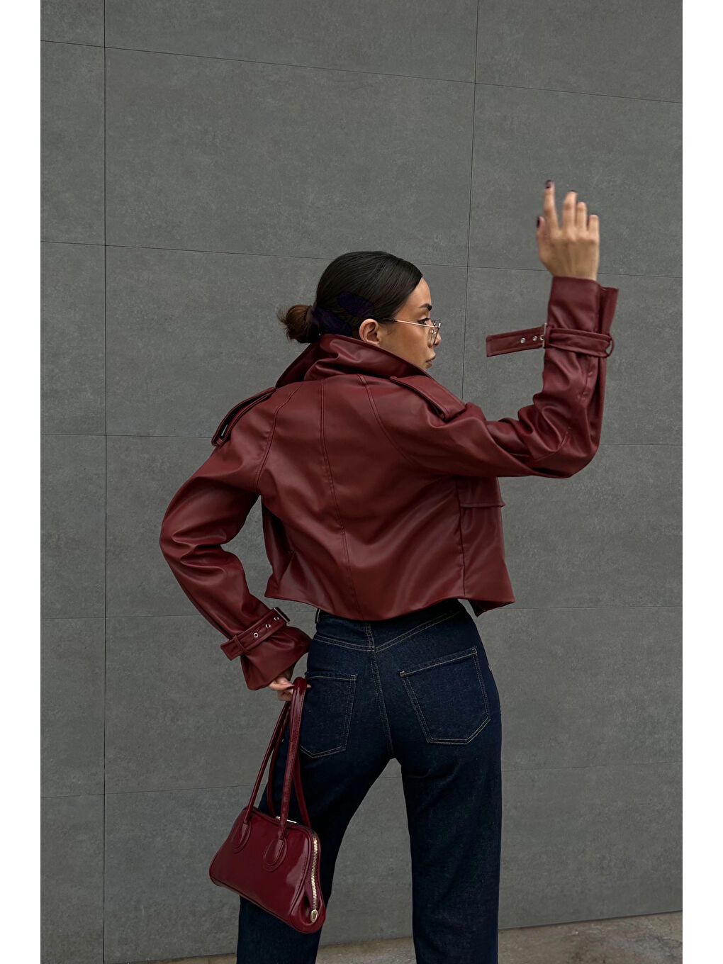 Kadın Bordo Crop Deri Ceket 0990-5055-1