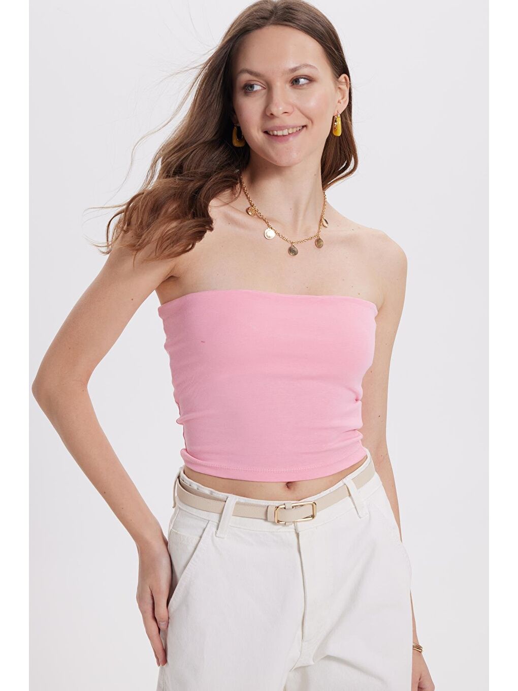 Kadın Slim Fit Dar Kesim Pamuklu Straplez Pembe Bluz-1