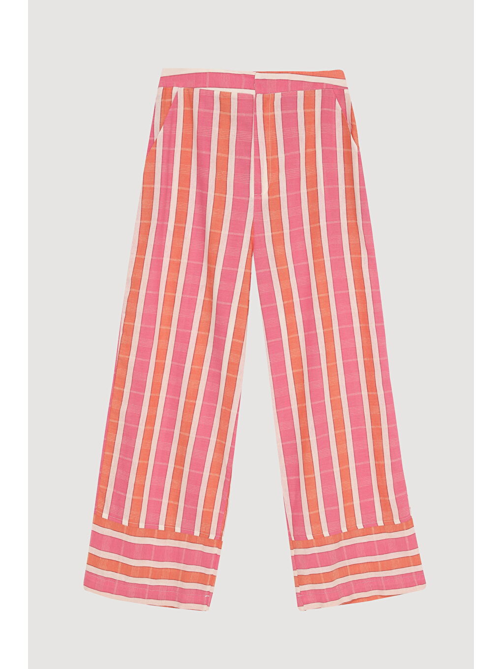 Renkli Çizgili Yüksek Bel Pantolon Pembe-1
