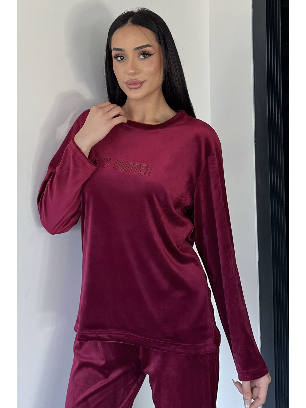 Bordo Kadın Kadife Sweat Pantolon İkili Takım-1