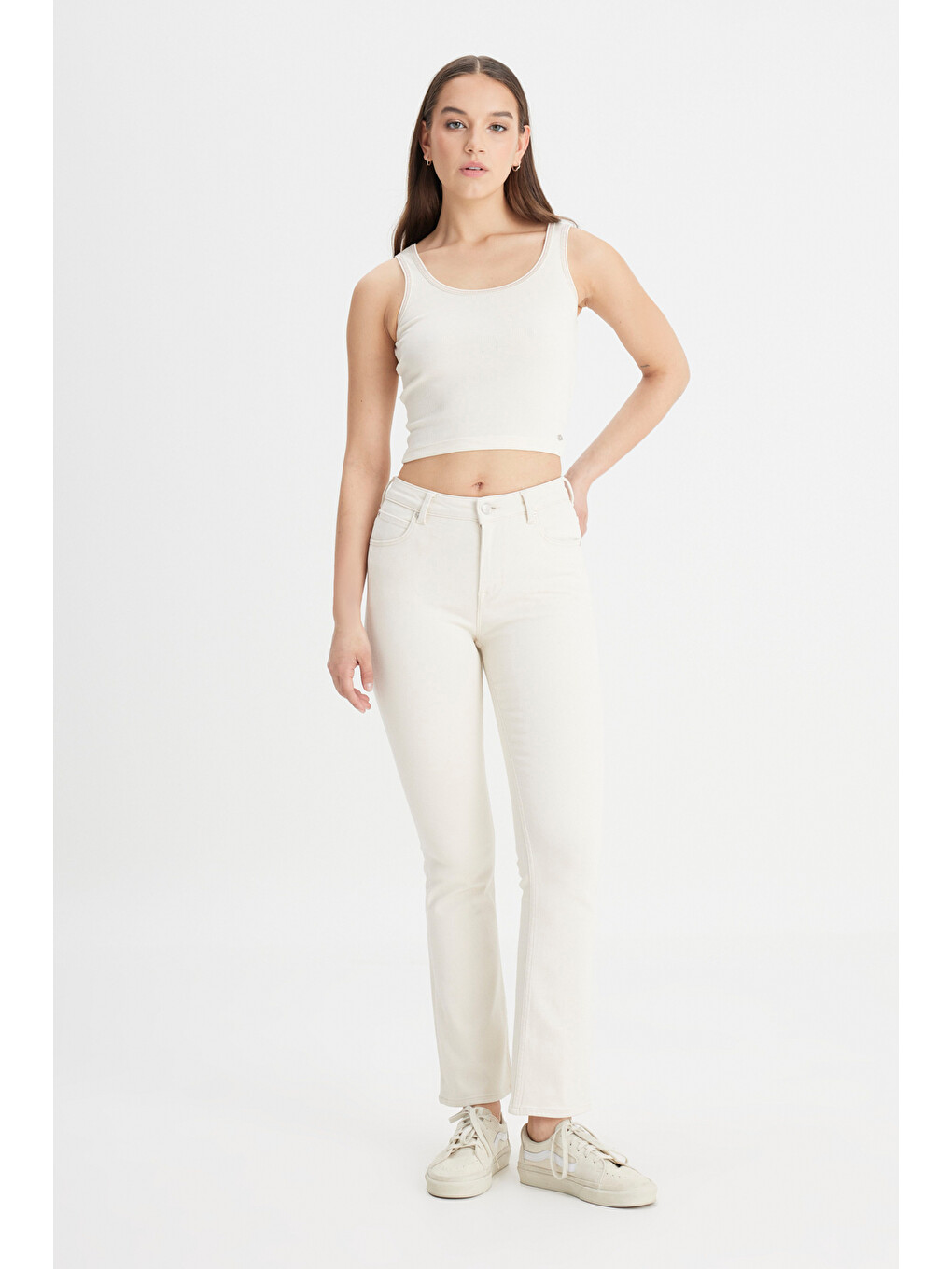Ekru Breese Fit Dar Kesim Yüksek Bel Geniş Paça Jean Jean Pantolon