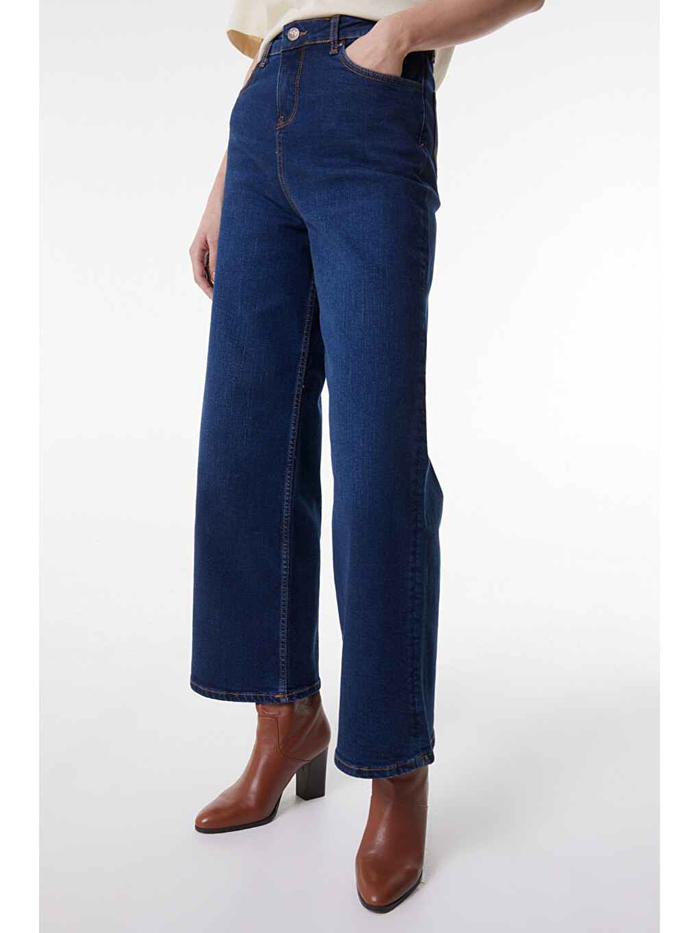 Bej Regular Fit Normal Kesim Yüksek Bel Koyu Mavi Esnek Stella A Line Jean Denim Jean Pantolon-1