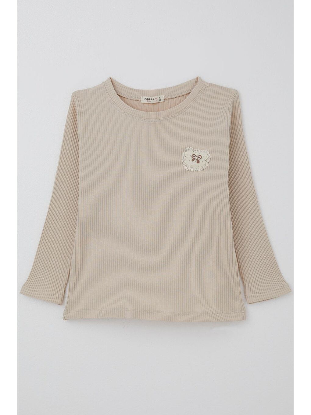 Kız Çocuk Uzun Kollu Tişört Arma Detaylı Düz Renk Bej (5-10 Yaş)