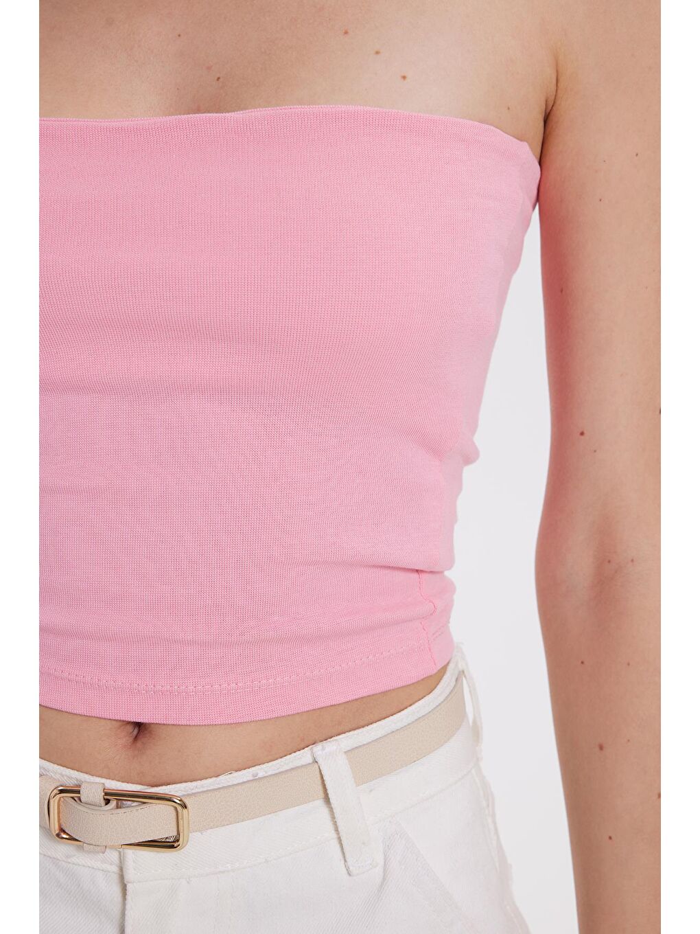 Kadın Slim Fit Dar Kesim Pamuklu Straplez Pembe Bluz-3