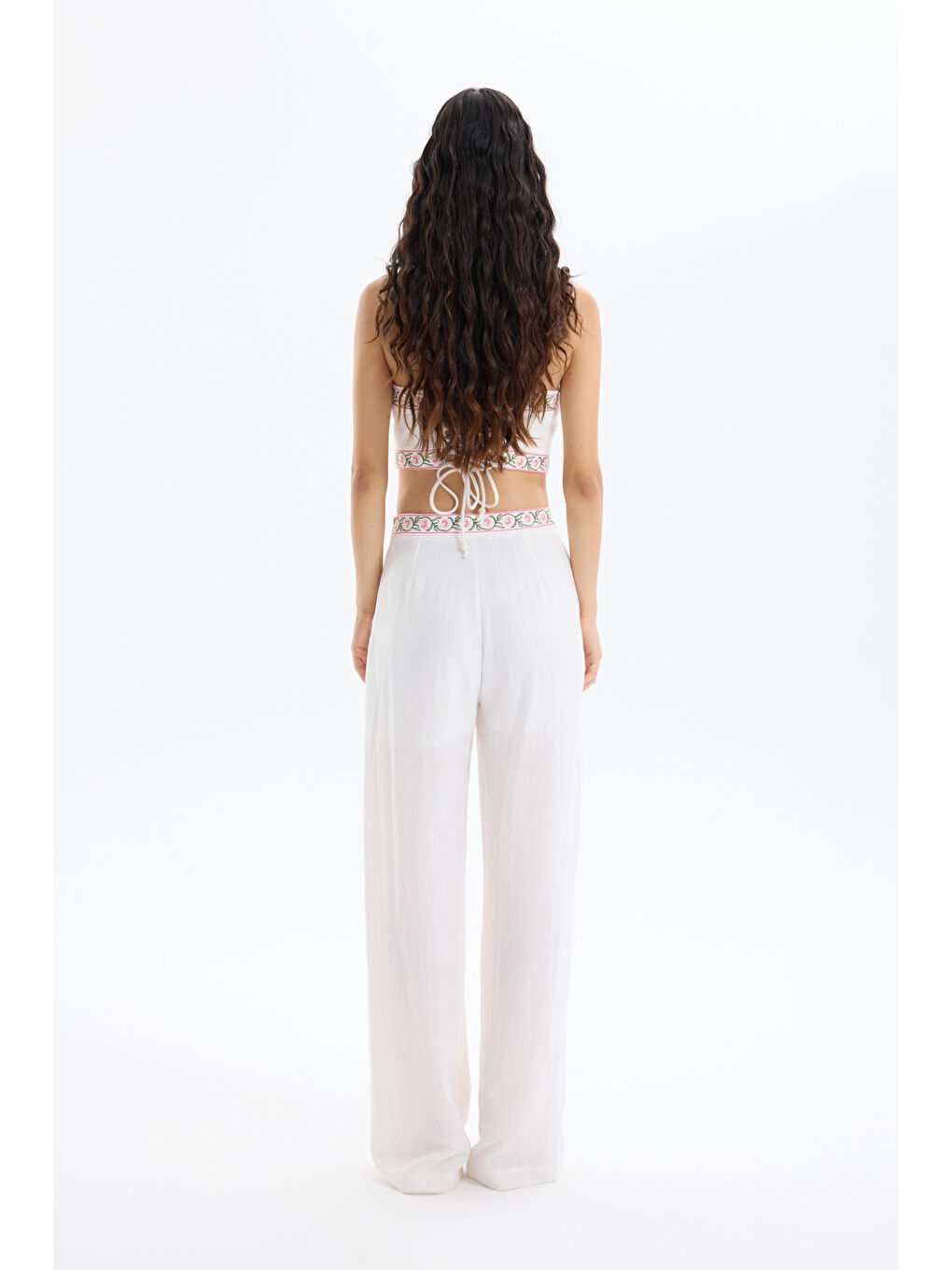 Beli Bağlamalı Nakışlı Bol Paça Pantolon Ekru-4