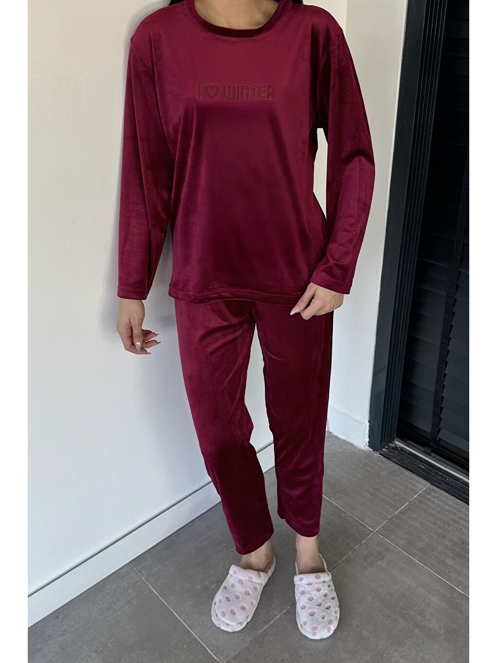 Bordo Kadın Kadife Sweat Pantolon İkili Takım-2