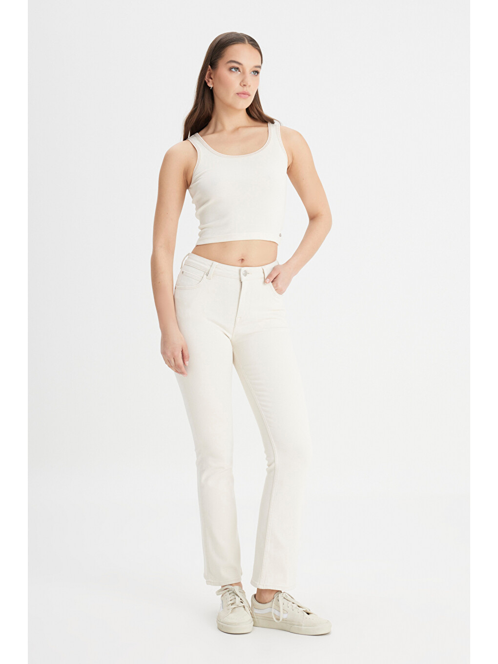 Ekru Breese Fit Dar Kesim Yüksek Bel Geniş Paça Jean Jean Pantolon-1