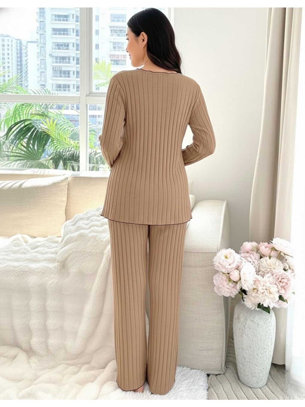 Bej Yumoş Dokulu Emzirmeye Uygun Ayarlanabilir Bel Destekli Hamile & Lohusa Pijama Takımı-2