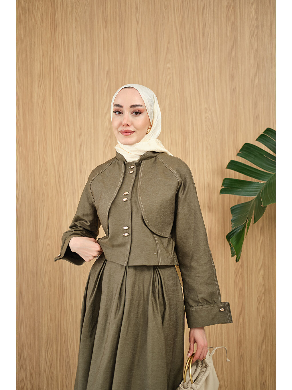 Kadın Pelerin Detay Gold Düğmeli Jean Takım Yeşil-1