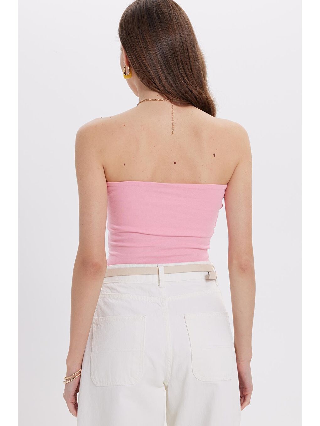 Kadın Slim Fit Dar Kesim Pamuklu Straplez Pembe Bluz-5