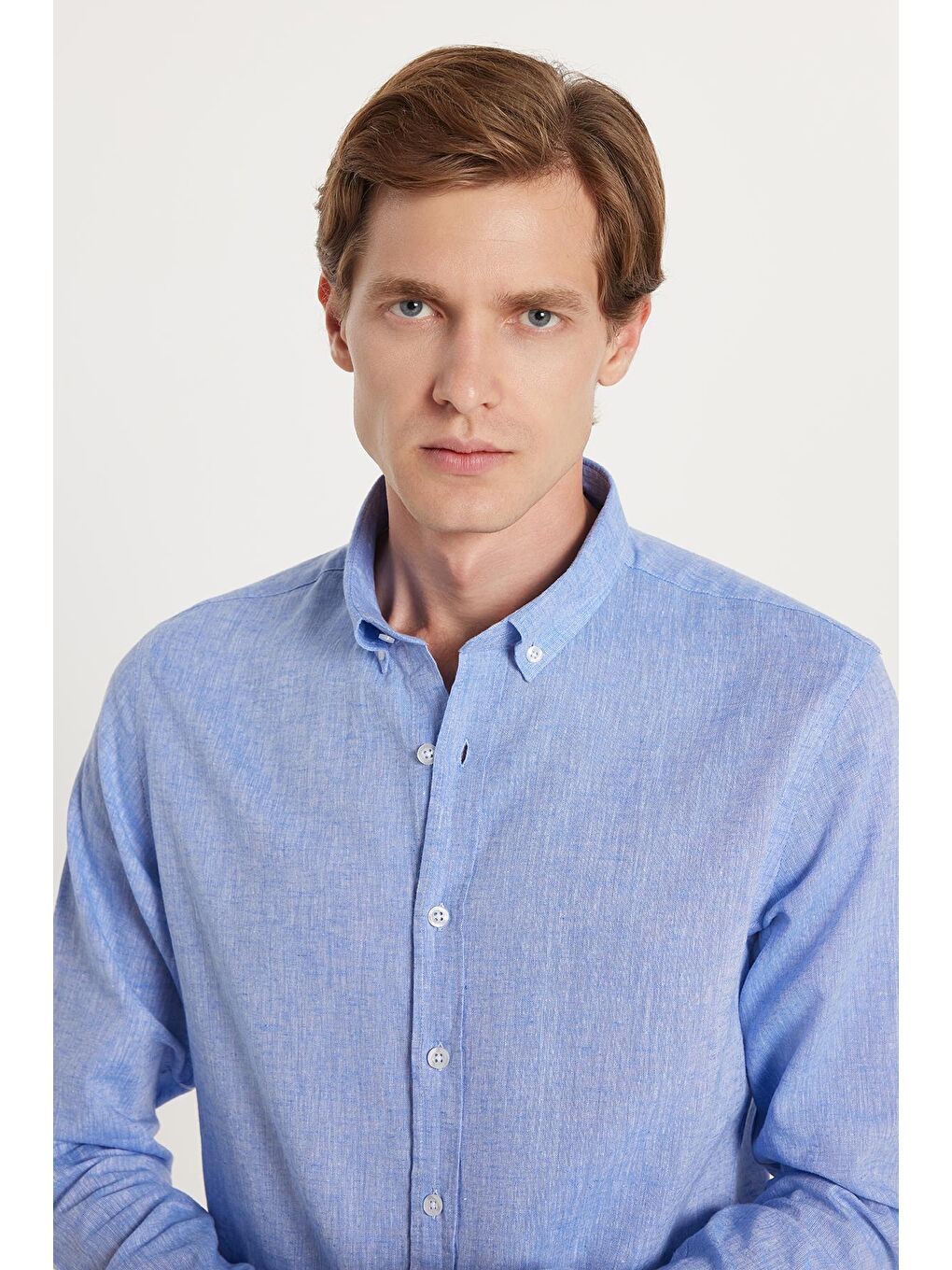 Erkek Slim Fit Dar Kesim Uzun Kollu Keten Premium Seri Düğmeli Yaka Spor Mavi Gömlek-1