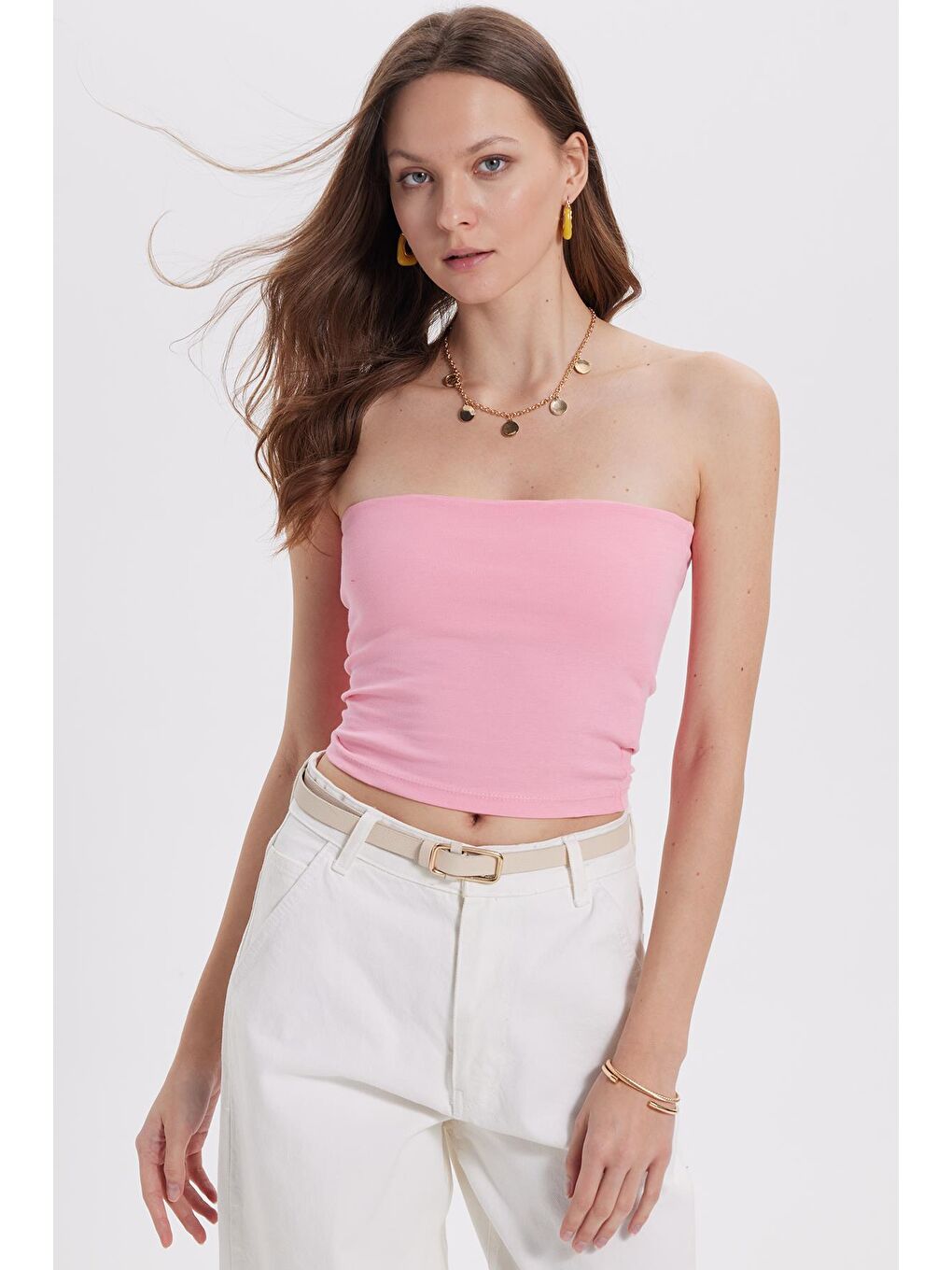Kadın Slim Fit Dar Kesim Pamuklu Straplez Pembe Bluz-6