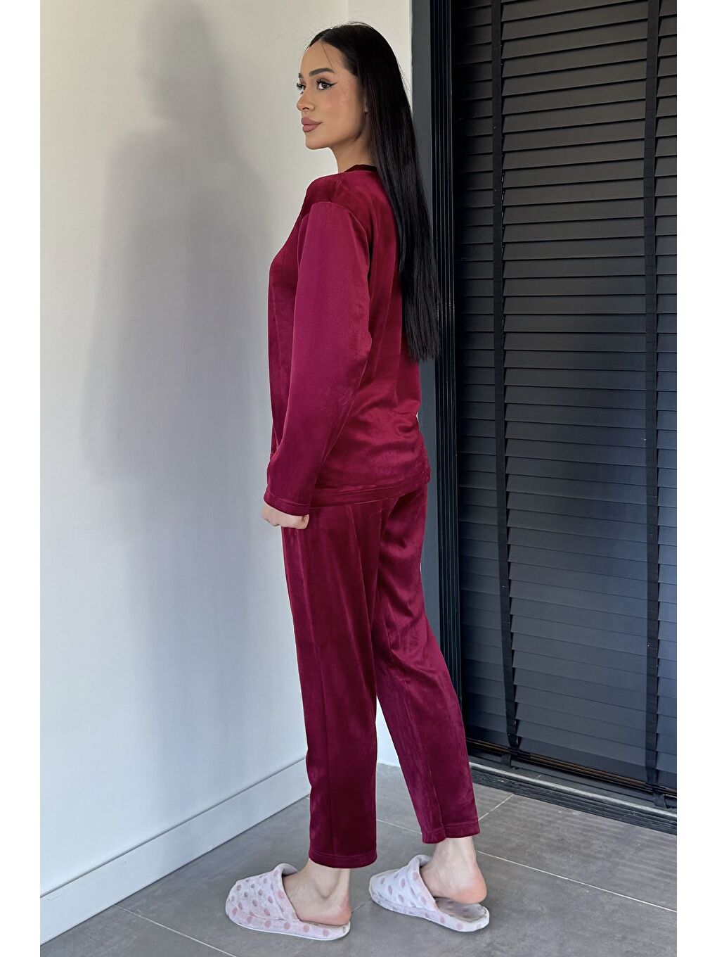 Bordo Kadın Kadife Sweat Pantolon İkili Takım-3