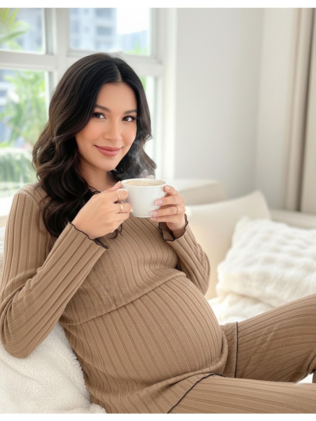 Bej Yumoş Dokulu Emzirmeye Uygun Ayarlanabilir Bel Destekli Hamile & Lohusa Pijama Takımı-3