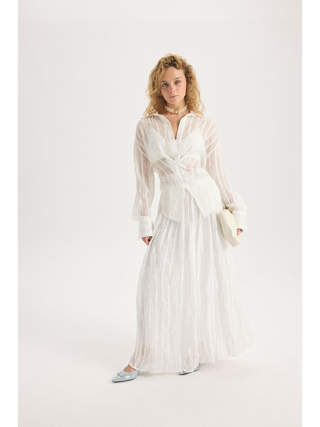 Tanoa Çizgi Desen Ekru Uzun Etek-1