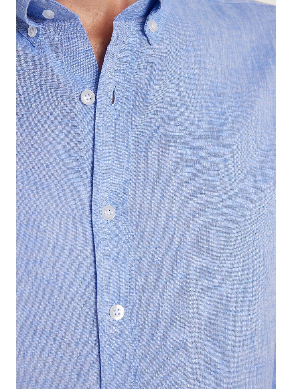 Erkek Slim Fit Dar Kesim Uzun Kollu Keten Premium Seri Düğmeli Yaka Spor Mavi Gömlek-2