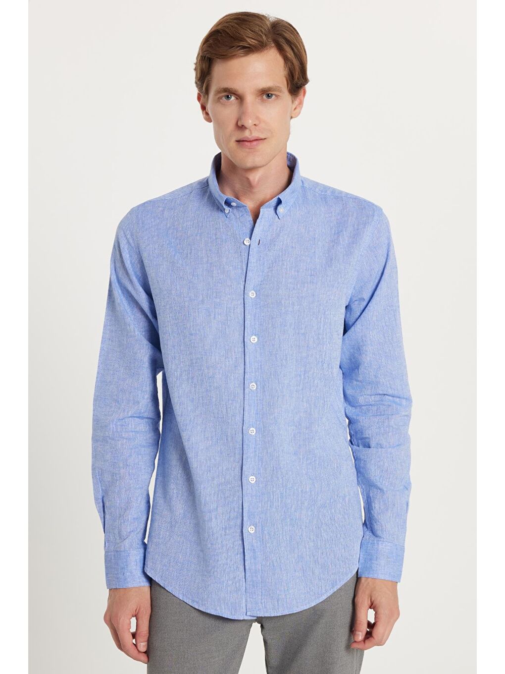 Erkek Slim Fit Dar Kesim Uzun Kollu Keten Premium Seri Düğmeli Yaka Spor Mavi Gömlek-3