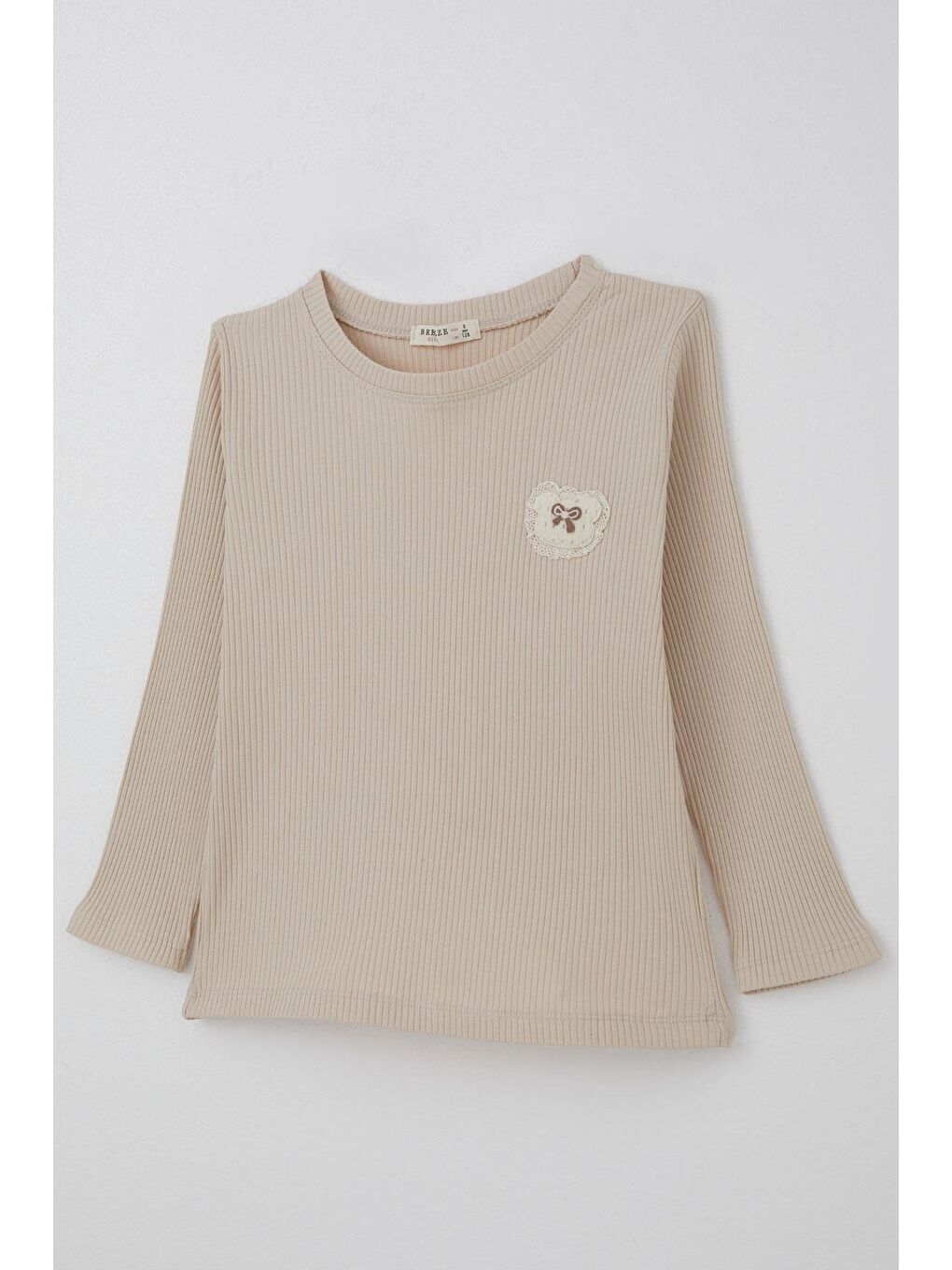 Kız Çocuk Uzun Kollu Tişört Arma Detaylı Düz Renk Bej (5-10 Yaş)-2