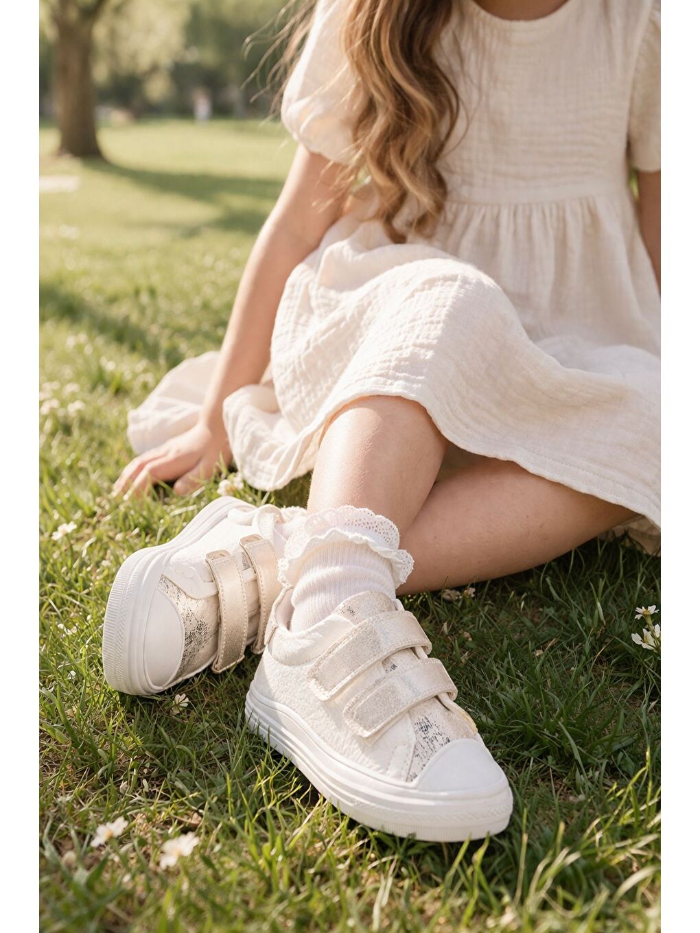 Beyaz ORİELLA Kız Çocuk Cırt Cırtlı Simli Günlük Sneaker Spor Ayakkabı-6