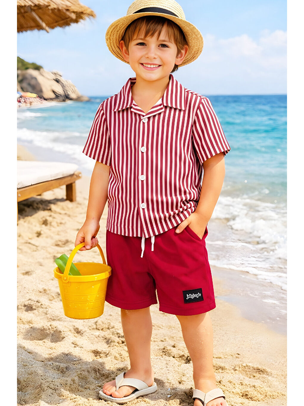 Bordo Erkek Çocuk Alt-Üst Takım (Waffle Gömlek+Ottoman Şort) 3-12 Yaş 12569HC-1