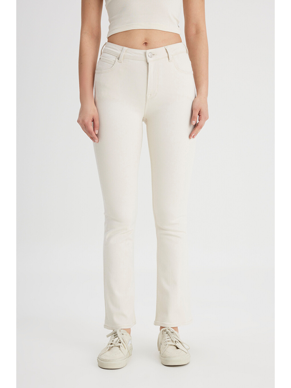 Ekru Breese Fit Dar Kesim Yüksek Bel Geniş Paça Jean Jean Pantolon-4