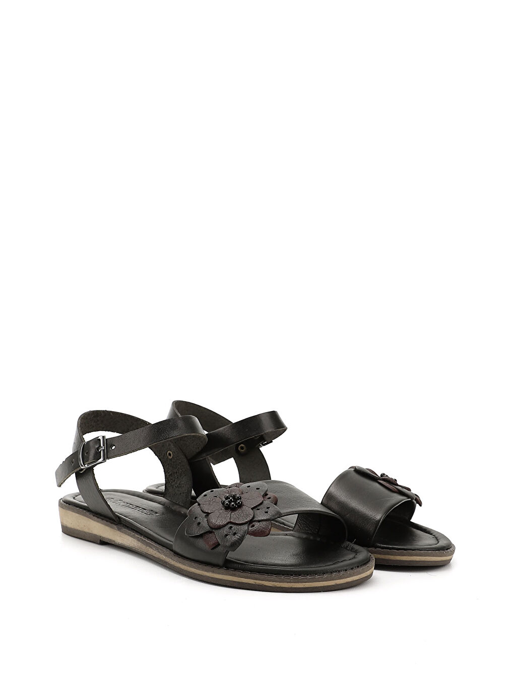 Mor Kadın ZÜMRÜT-SİYAH Hakiki Deri Sandalet-1