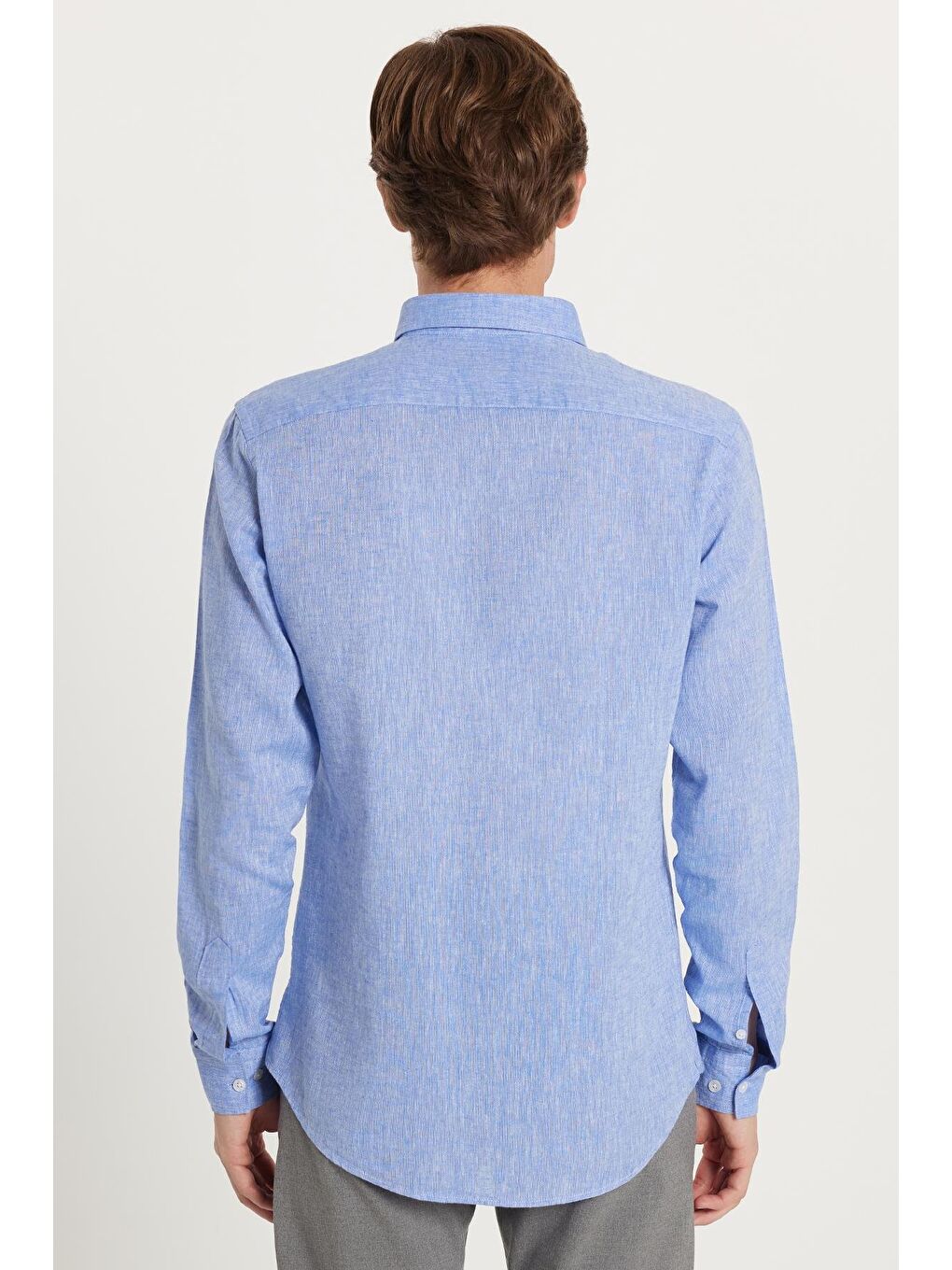 Erkek Slim Fit Dar Kesim Uzun Kollu Keten Premium Seri Düğmeli Yaka Spor Mavi Gömlek-4