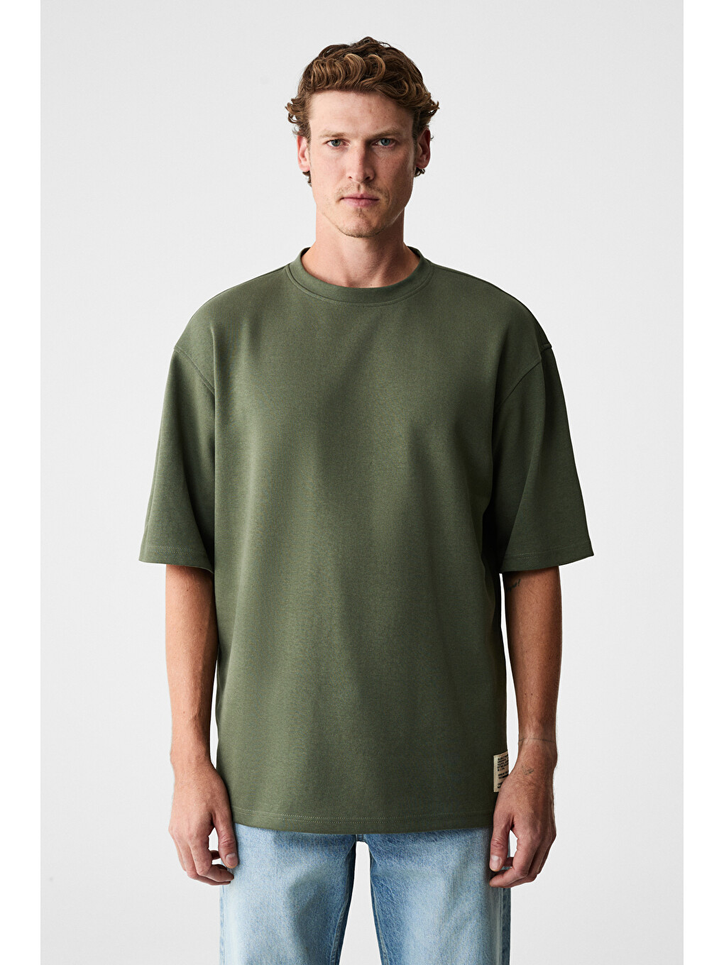 Haki JOEL Erkek %100 Organik Pamuklu Kalın Kumaşlı Özel Dokulu Etiket Detaylı Oversize HAKİ T-Shirt-2