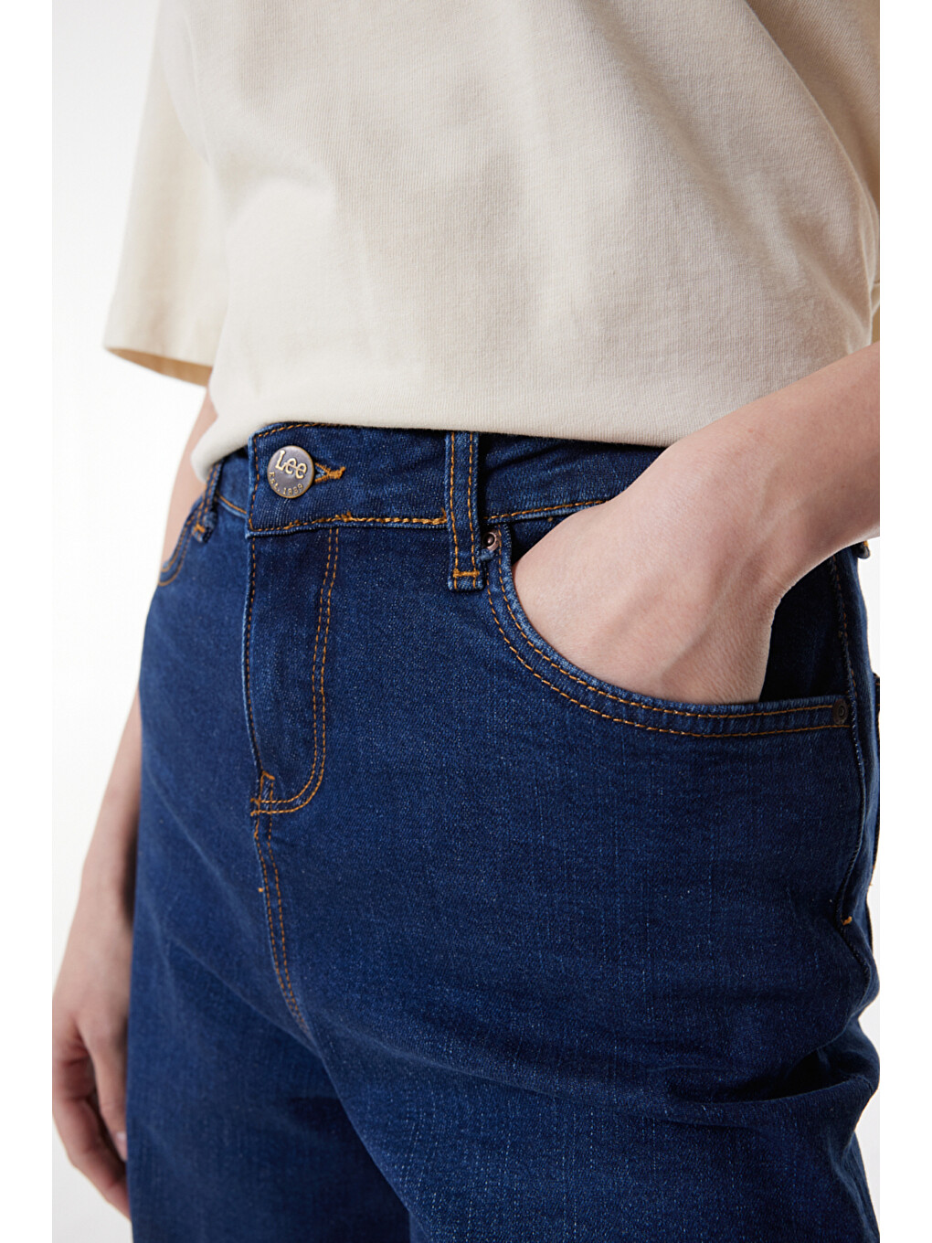 Bej Regular Fit Normal Kesim Yüksek Bel Koyu Mavi Esnek Stella A Line Jean Denim Jean Pantolon-2