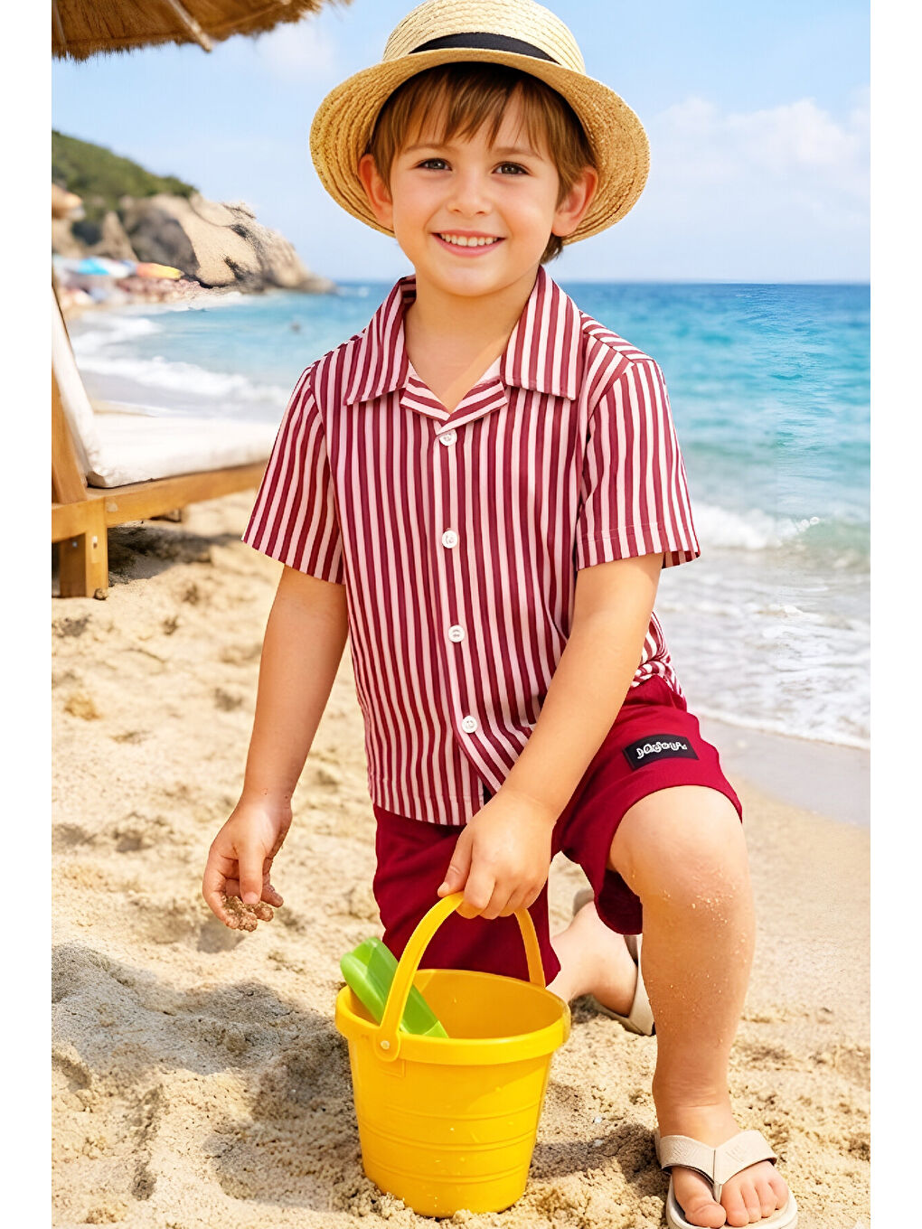 Bordo Erkek Çocuk Alt-Üst Takım (Waffle Gömlek+Ottoman Şort) 3-12 Yaş 12569HC-2