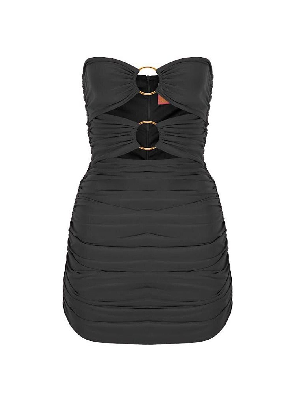 Siyah Göğüsten Altın Rengi Iki Halkalı Büzgü Straplez Drapeli Mini Abiye Elbise