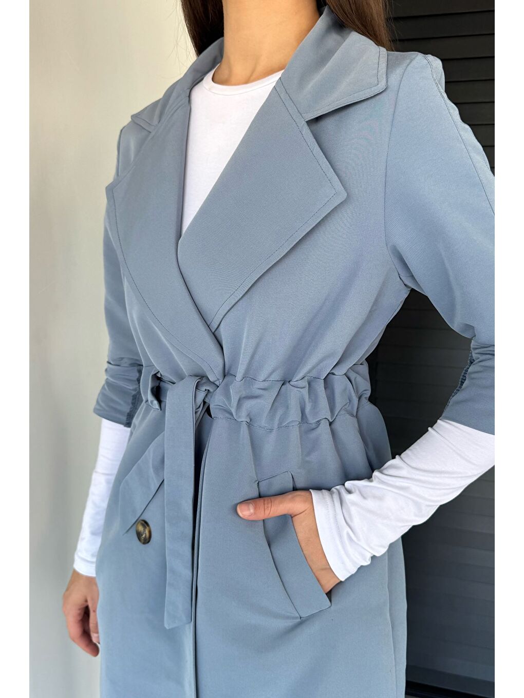 İndigo Bel Büzgülü Kuşaklı Kadın Trençkot-1