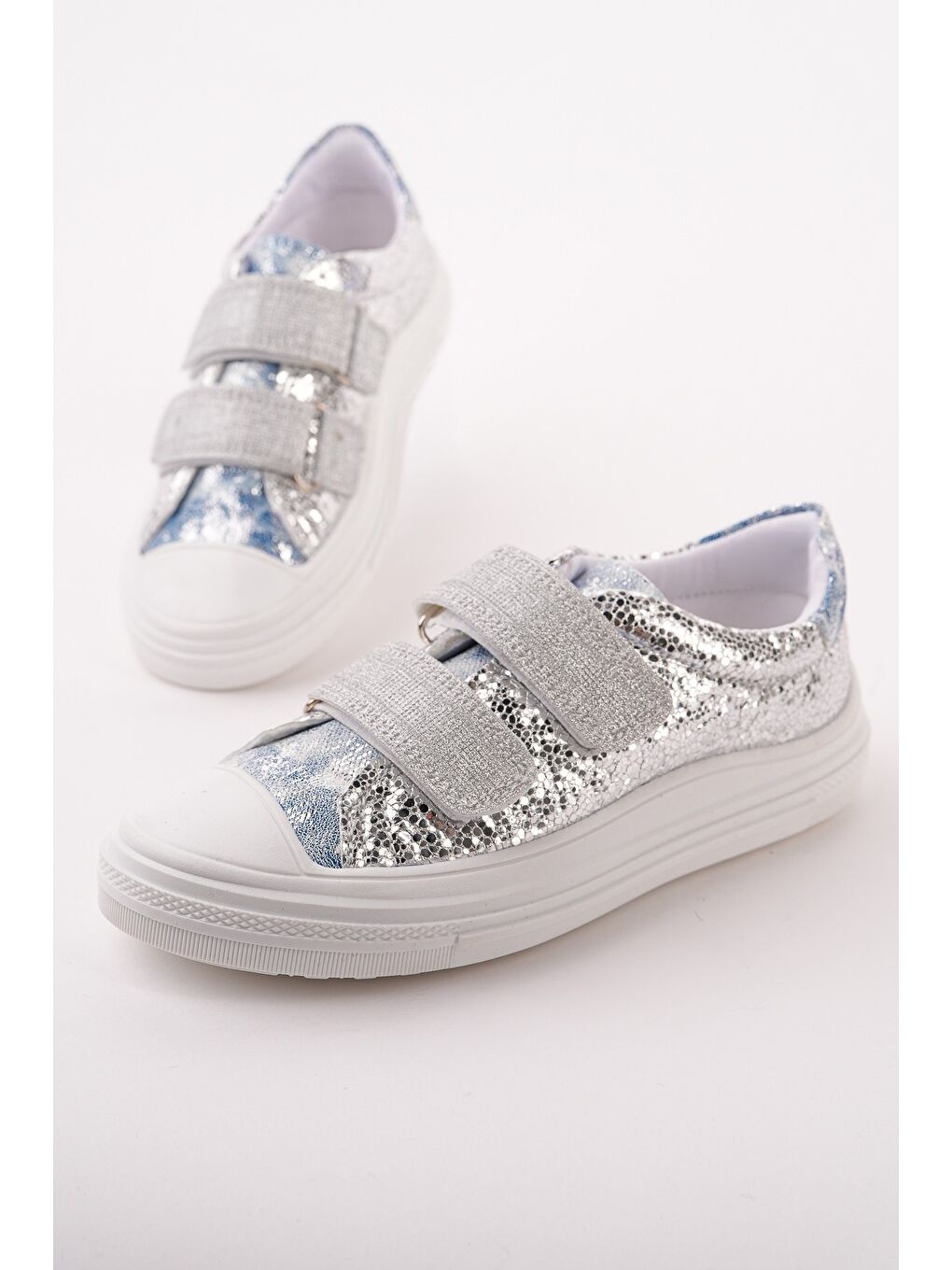 Gri ORİELLA Kız Çocuk Cırt Cırtlı Simli Günlük Sneaker Spor Ayakkabı-1