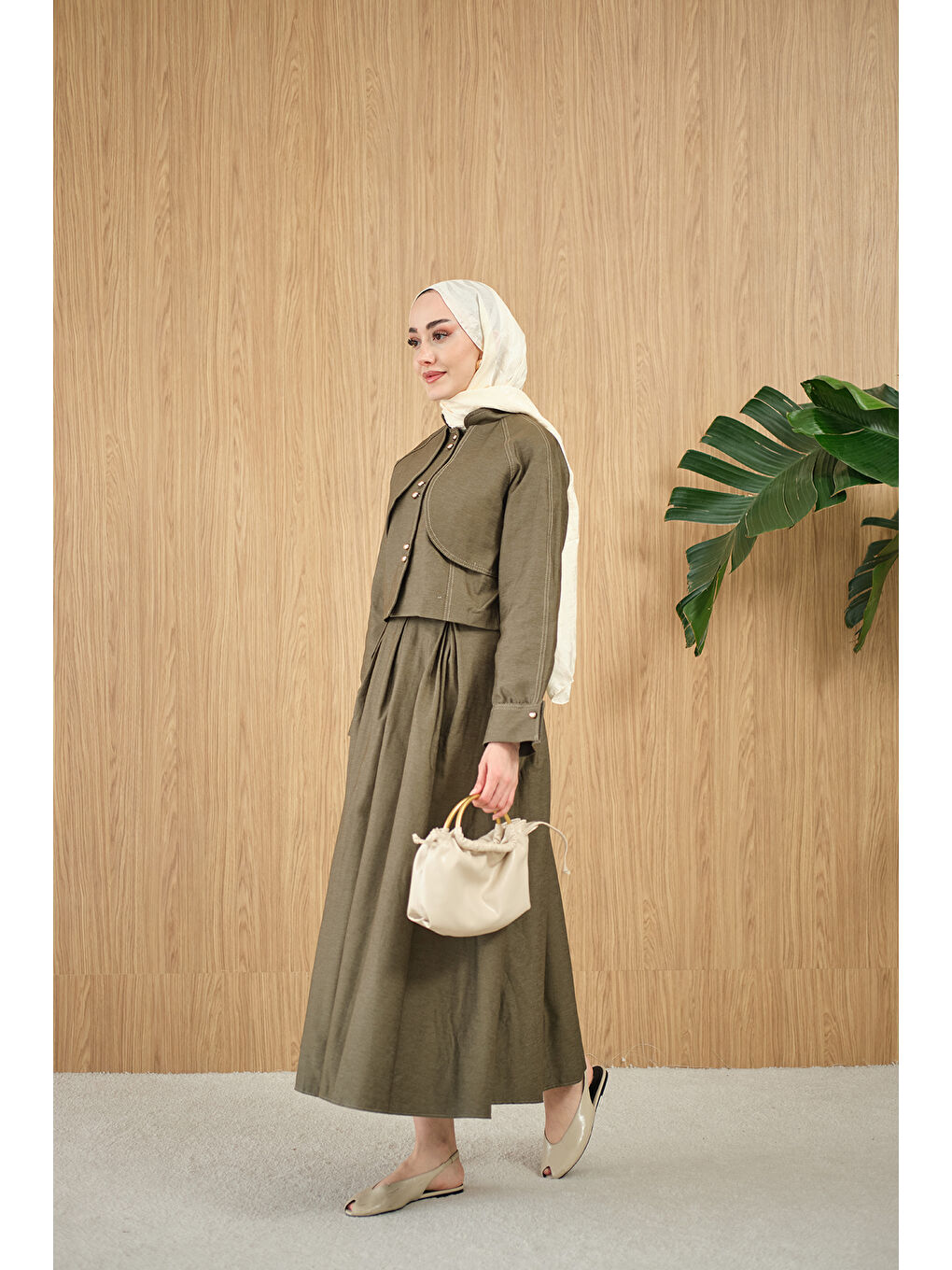 Kadın Pelerin Detay Gold Düğmeli Jean Takım Yeşil-3