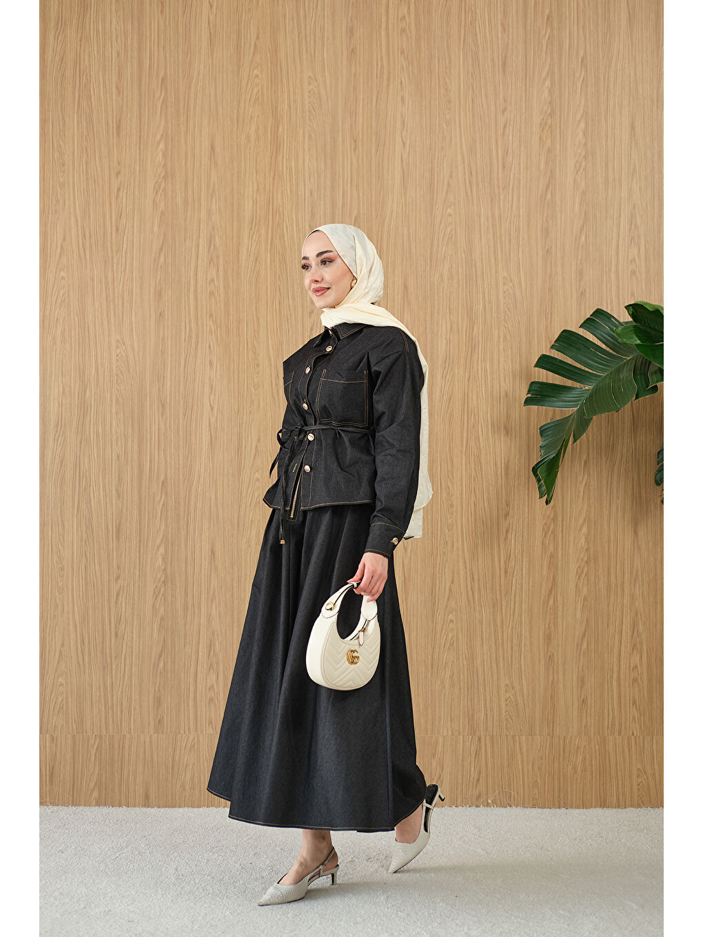 Gri Kadın Çift Cep Detay Bel Bağlamalı Jean Takım Füme-2