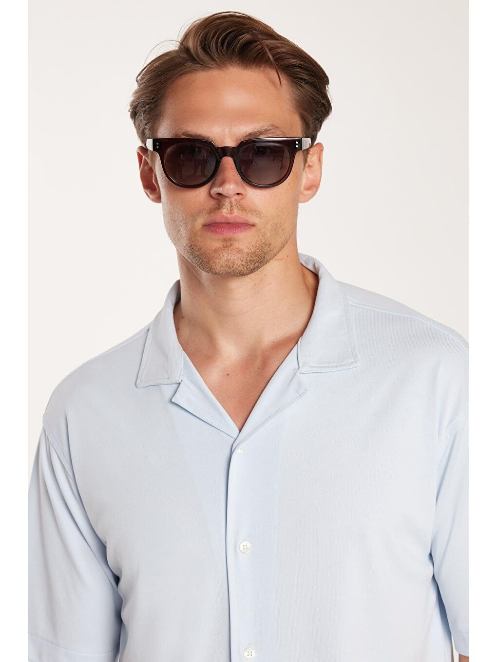 Erkek Relax Fit Modal Kumaş Örme Premium Seri Kısa Kol Apaş Yaka Mavi Gömlek-1