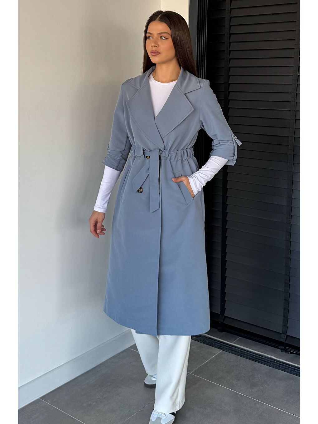 İndigo Bel Büzgülü Kuşaklı Kadın Trençkot-2