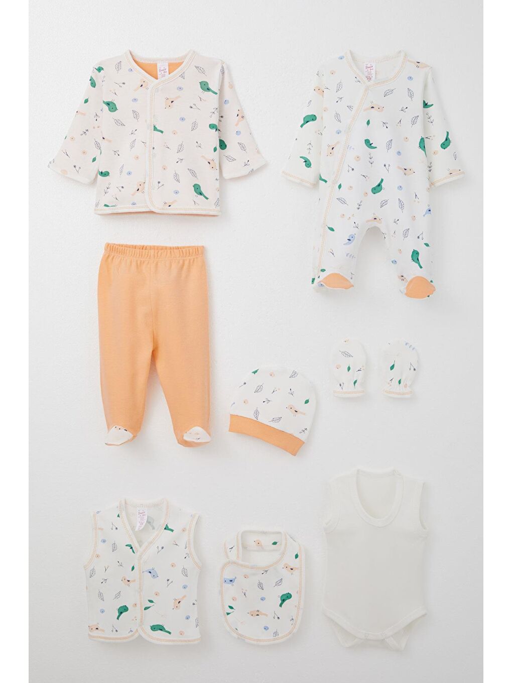 Kız Bebek Hastane Çıkışı 8 Li Bahar Temalı Sevimli Minik Serçe Desenli Ekru (0-3 Ay)