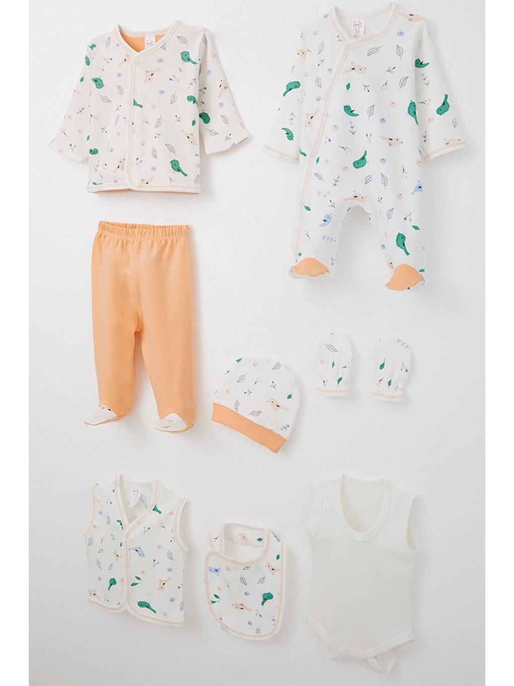 Kız Bebek Hastane Çıkışı 8 Li Bahar Temalı Sevimli Minik Serçe Desenli Ekru (0-3 Ay)-1