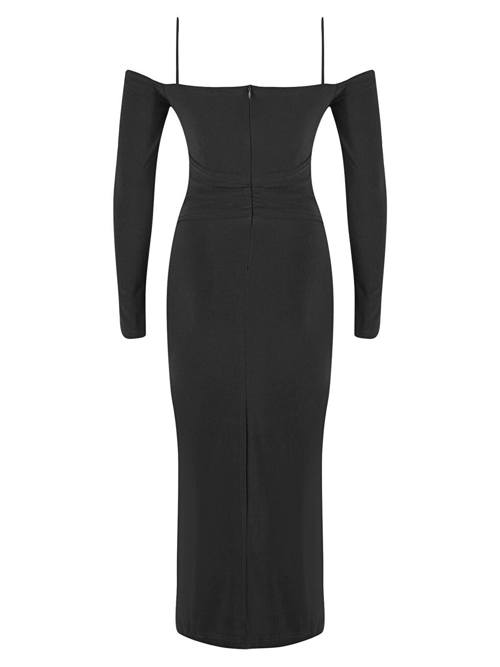 Siyah Askılı Detaylı Uzun Kollu Göbeği Açık Yırtmaç Detaylı Drapeli Midi Abiye Elbise-1